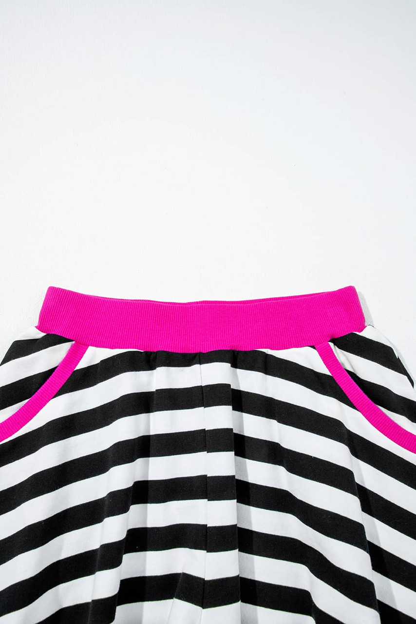 Black Stripe Contrast Ribbed Banding Long Sleeve Blouse Loose Shorts Set Black Stripe Contrast Ribbed Banding Long Sleeve Blouse Loose Shorts Set