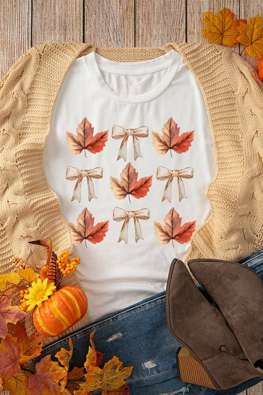 White Fall Leaf Bow Print Thanksgiving T Shirt