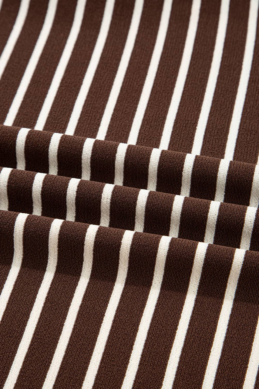 Brown Stripe Ribbed Cropped Crew Neck Long Sleeve T Shirt