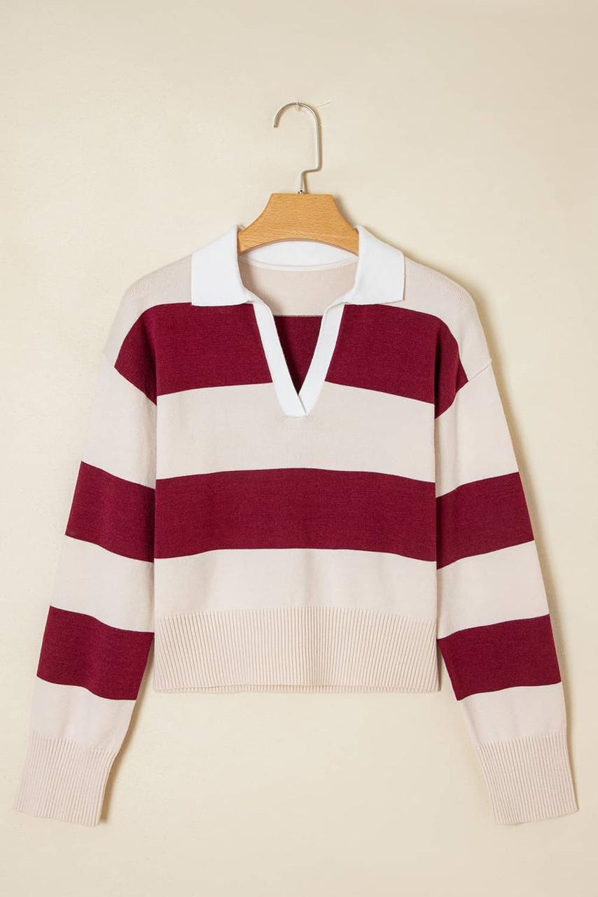Brown Ribbed Trim Color Block Knitted Polo Collar Sweater