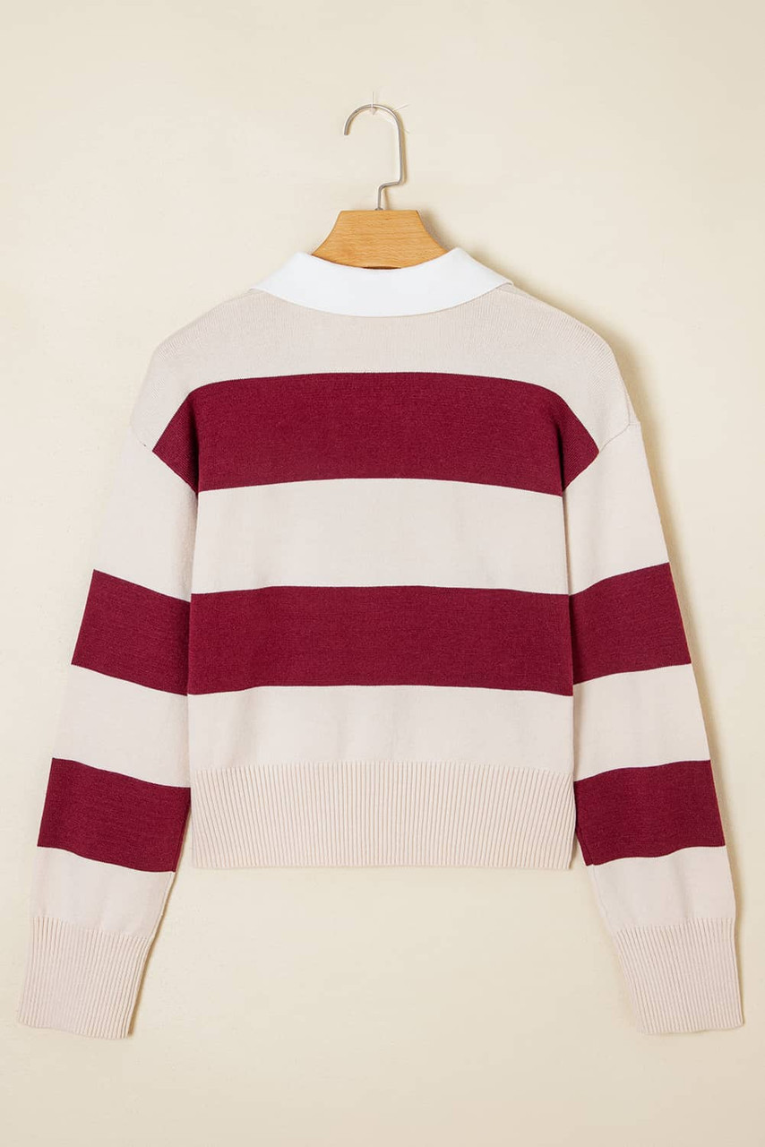 Brown Ribbed Trim Color Block Knitted Polo Collar Sweater