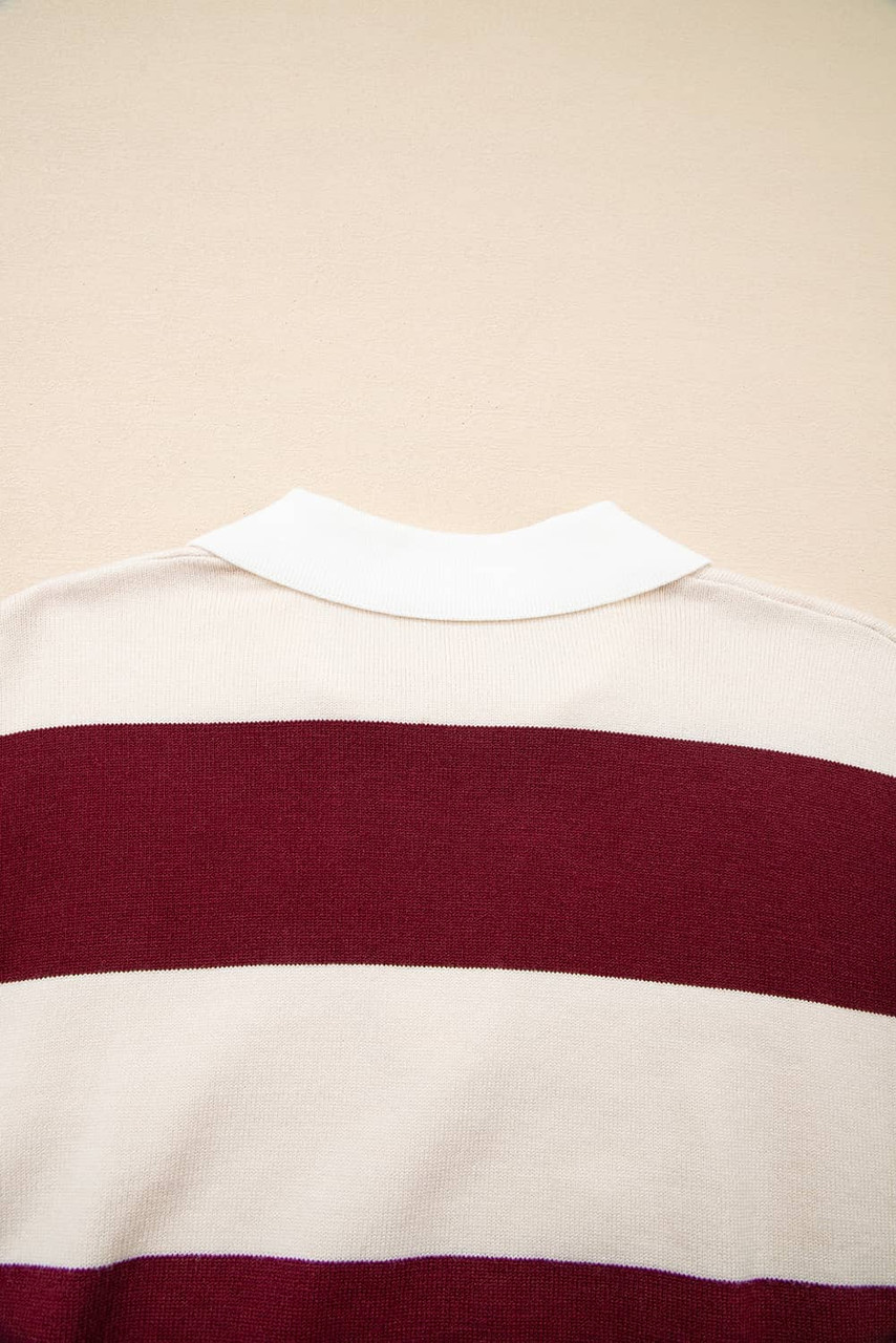 Brown Ribbed Trim Color Block Knitted Polo Collar Sweater
