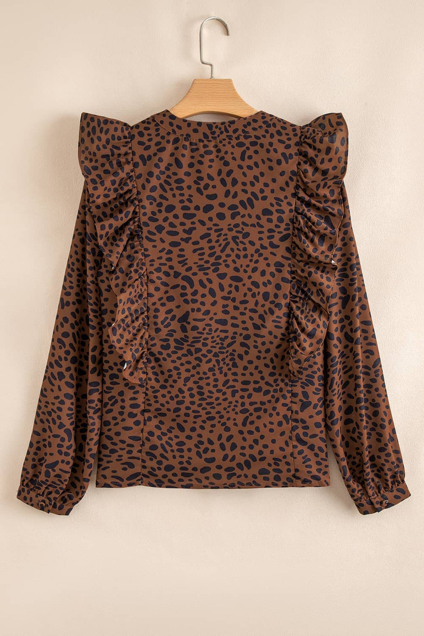 Brown Leopard Print Ruffled Puff Sleeve Blouse