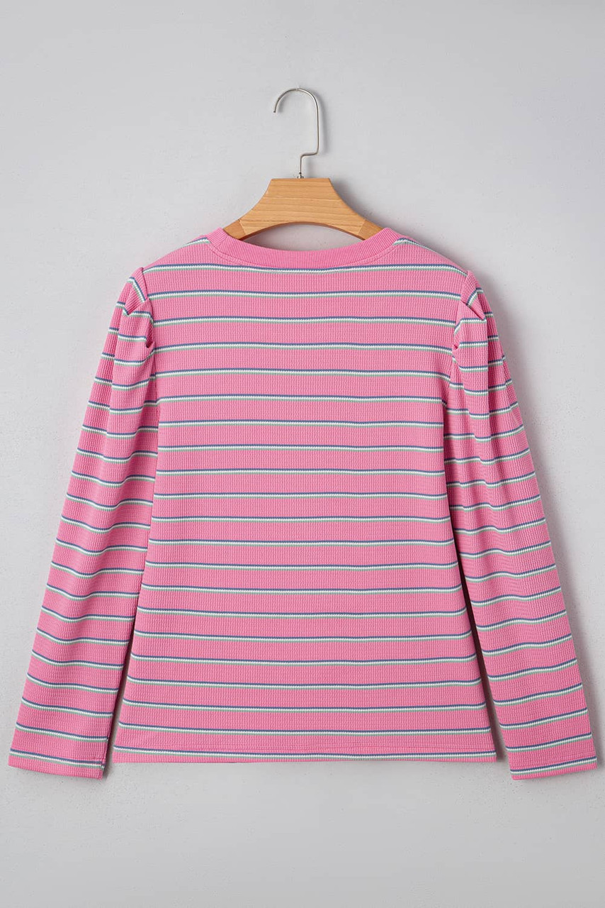 Rose Stripe Textured Knit Round Neck Long Sleeve Top