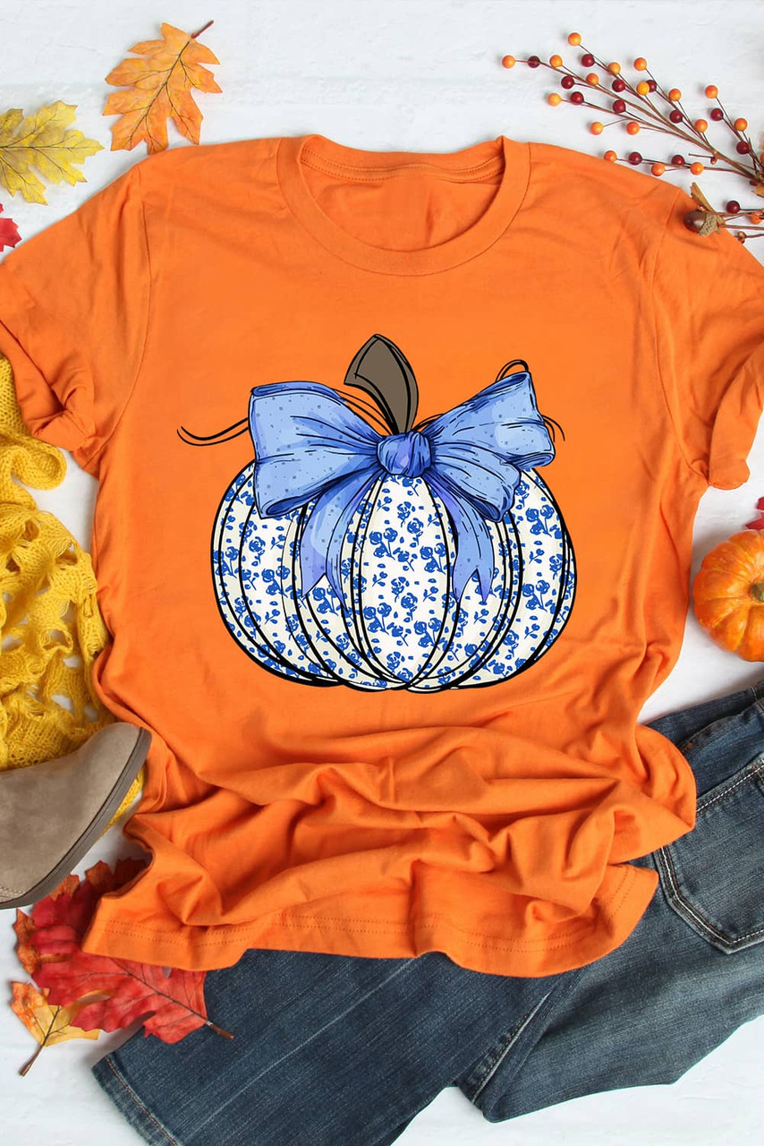 Orange Floral Pumpkin Bow Print Thanksgiving T Shirt