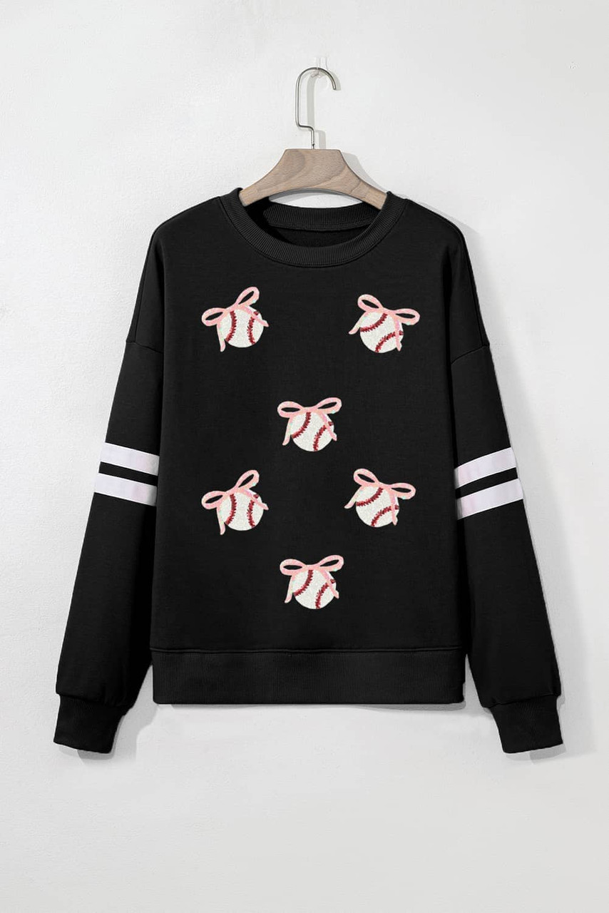 Black Bow Baseball Sequin Patched Oversized Varsity Sweatshirt