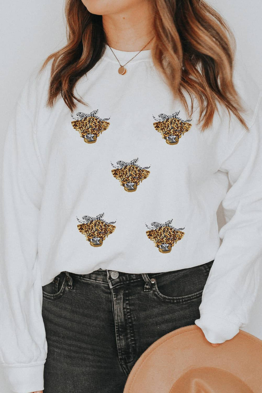 White Sequin Heifer Patched Drop Shoulder Sweatshirt