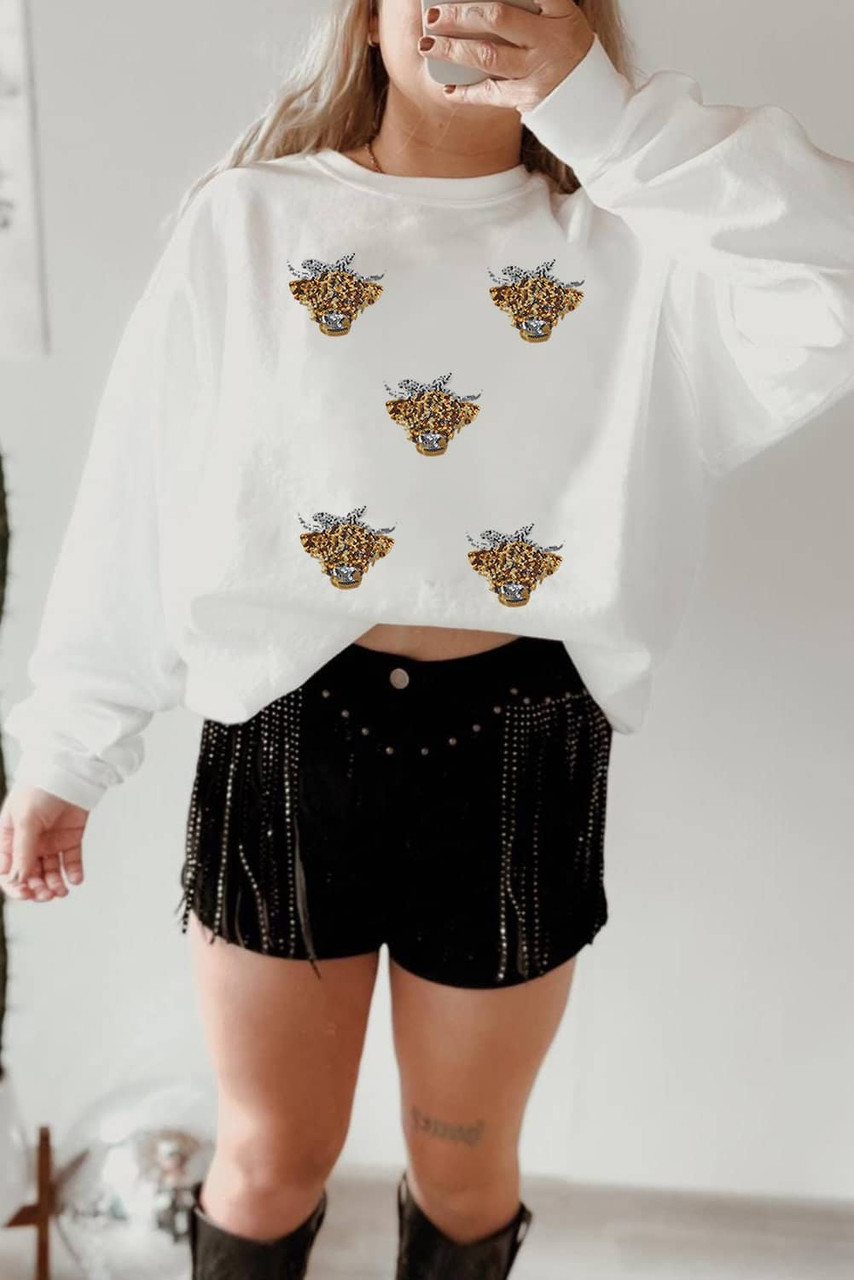 White Sequin Heifer Patched Drop Shoulder Sweatshirt
