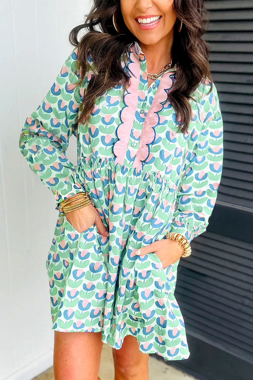 Green Floral Print Notched Neck Scalloped Detail Long Sleeve Mini Dress Green Floral Print Notched Neck Scalloped Detail Long Sleeve Mini Dress