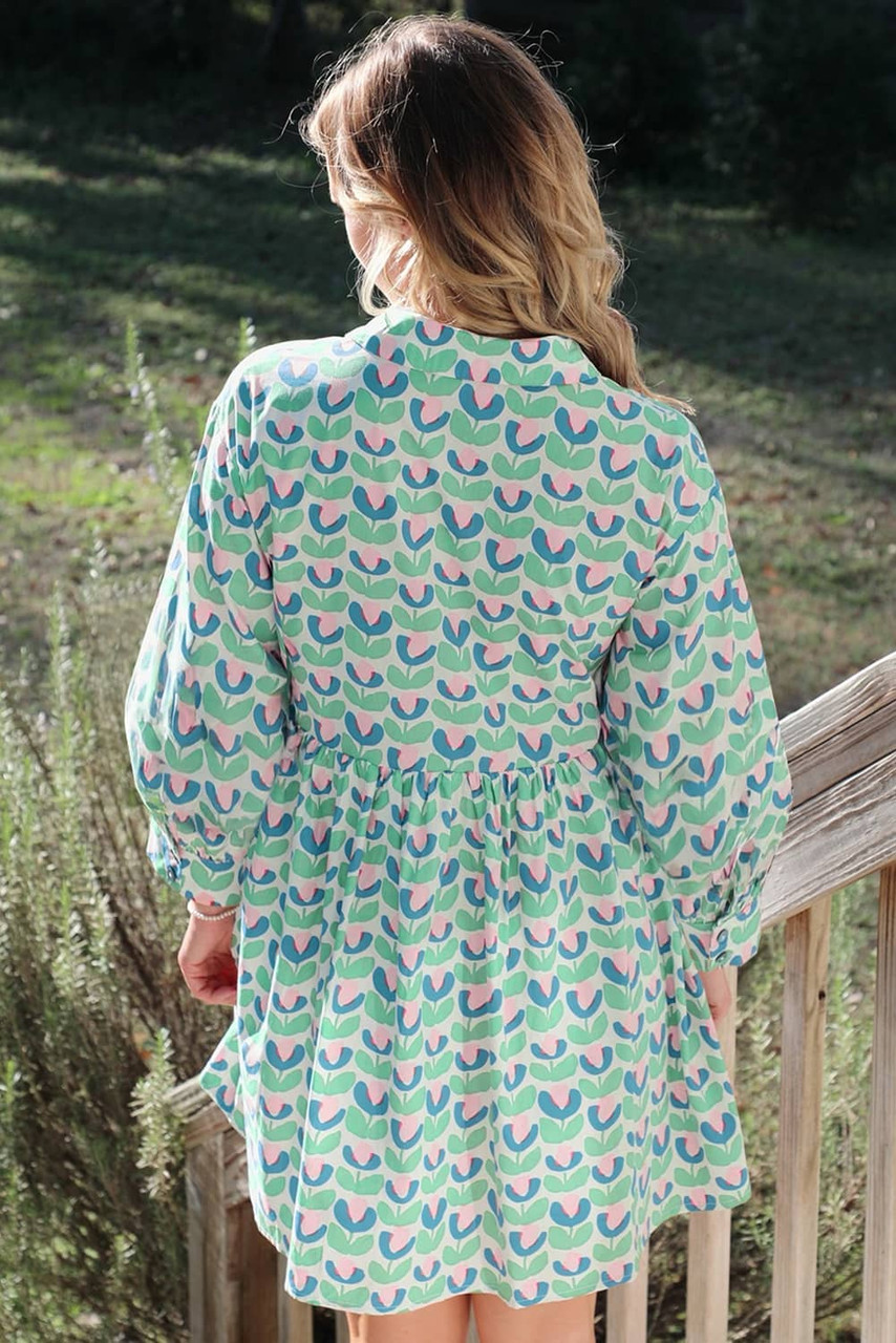Green Floral Print Notched Neck Scalloped Detail Long Sleeve Mini Dress Green Floral Print Notched Neck Scalloped Detail Long Sleeve Mini Dress