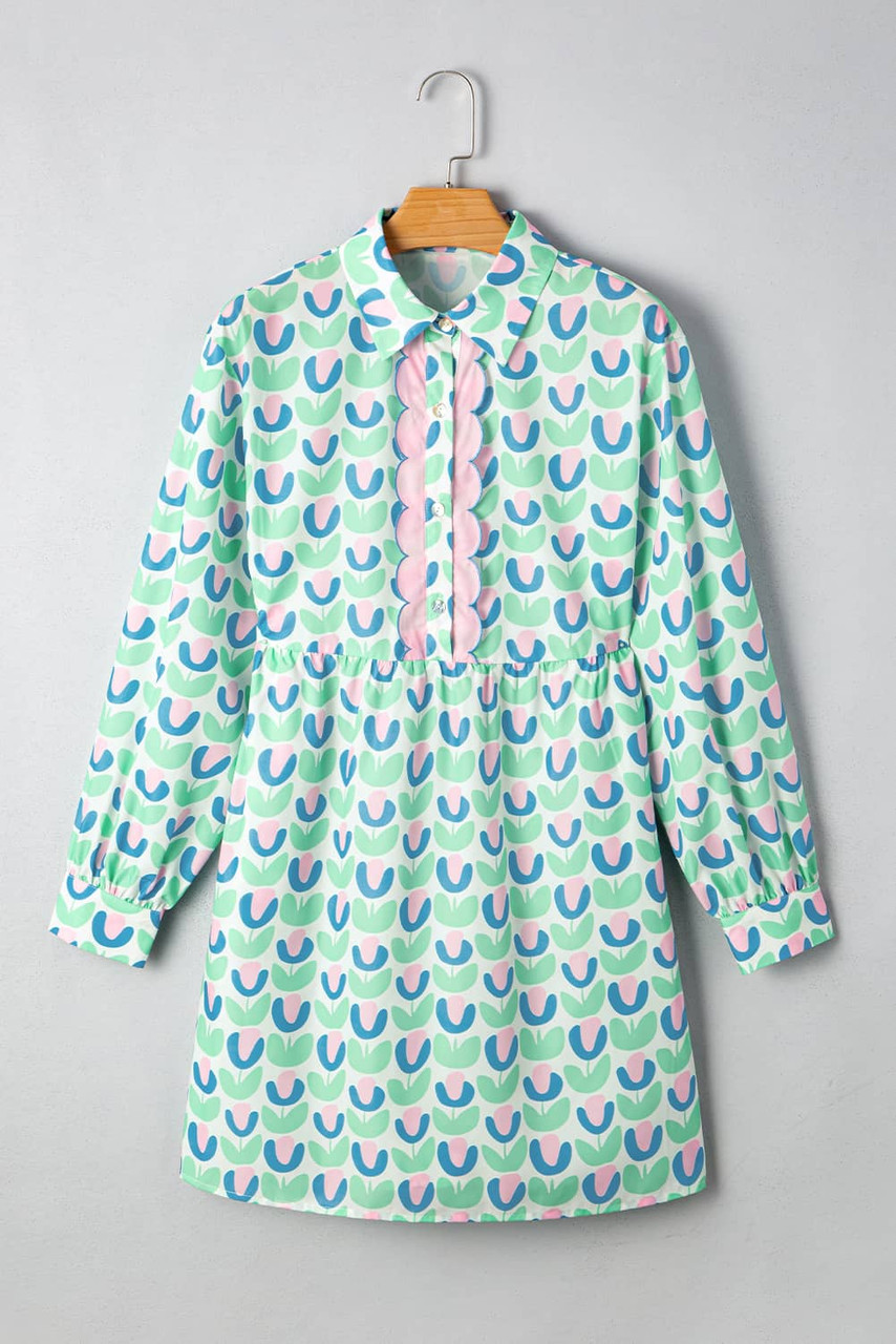 Green Floral Print Notched Neck Scalloped Detail Long Sleeve Mini Dress Green Floral Print Notched Neck Scalloped Detail Long Sleeve Mini Dress