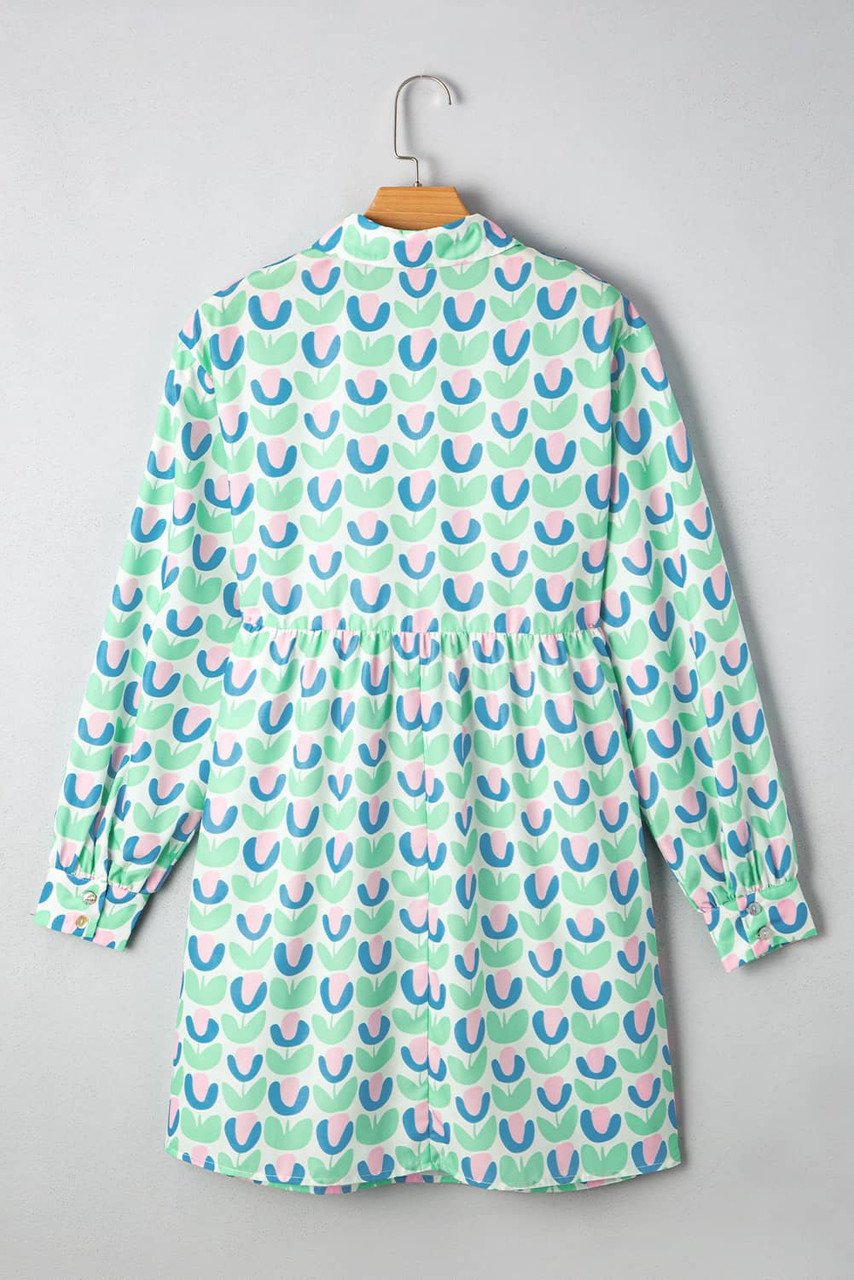 Green Floral Print Notched Neck Scalloped Detail Long Sleeve Mini Dress Green Floral Print Notched Neck Scalloped Detail Long Sleeve Mini Dress