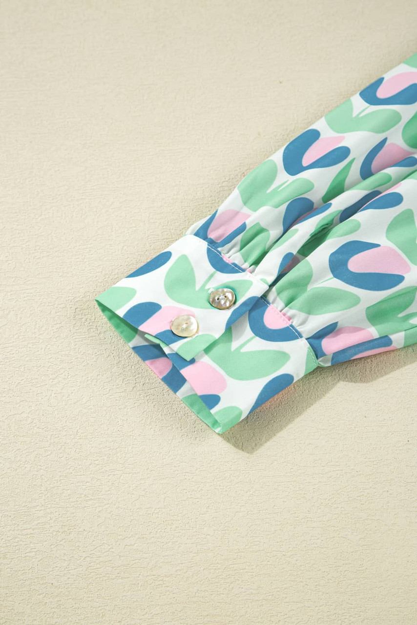 Green Floral Print Notched Neck Scalloped Detail Long Sleeve Mini Dress Green Floral Print Notched Neck Scalloped Detail Long Sleeve Mini Dress