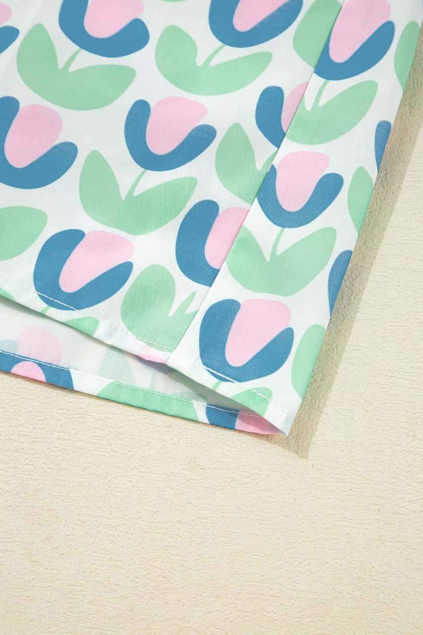 Green Floral Print Notched Neck Scalloped Detail Long Sleeve Mini Dress Green Floral Print Notched Neck Scalloped Detail Long Sleeve Mini Dress