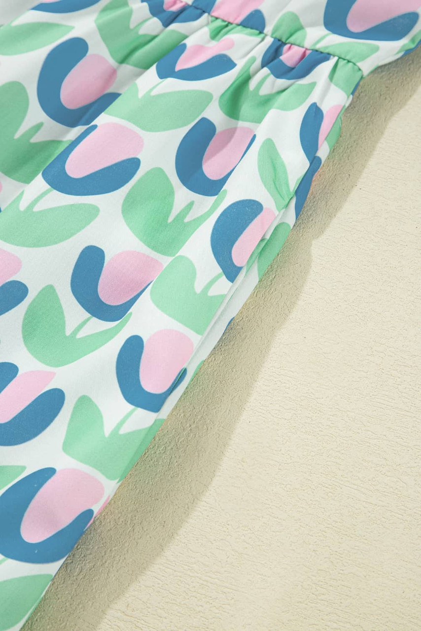 Green Floral Print Notched Neck Scalloped Detail Long Sleeve Mini Dress Green Floral Print Notched Neck Scalloped Detail Long Sleeve Mini Dress