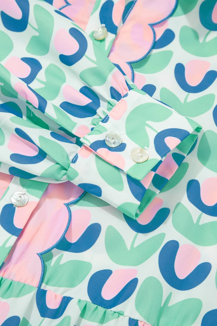 Green Floral Print Notched Neck Scalloped Detail Long Sleeve Mini Dress Green Floral Print Notched Neck Scalloped Detail Long Sleeve Mini Dress