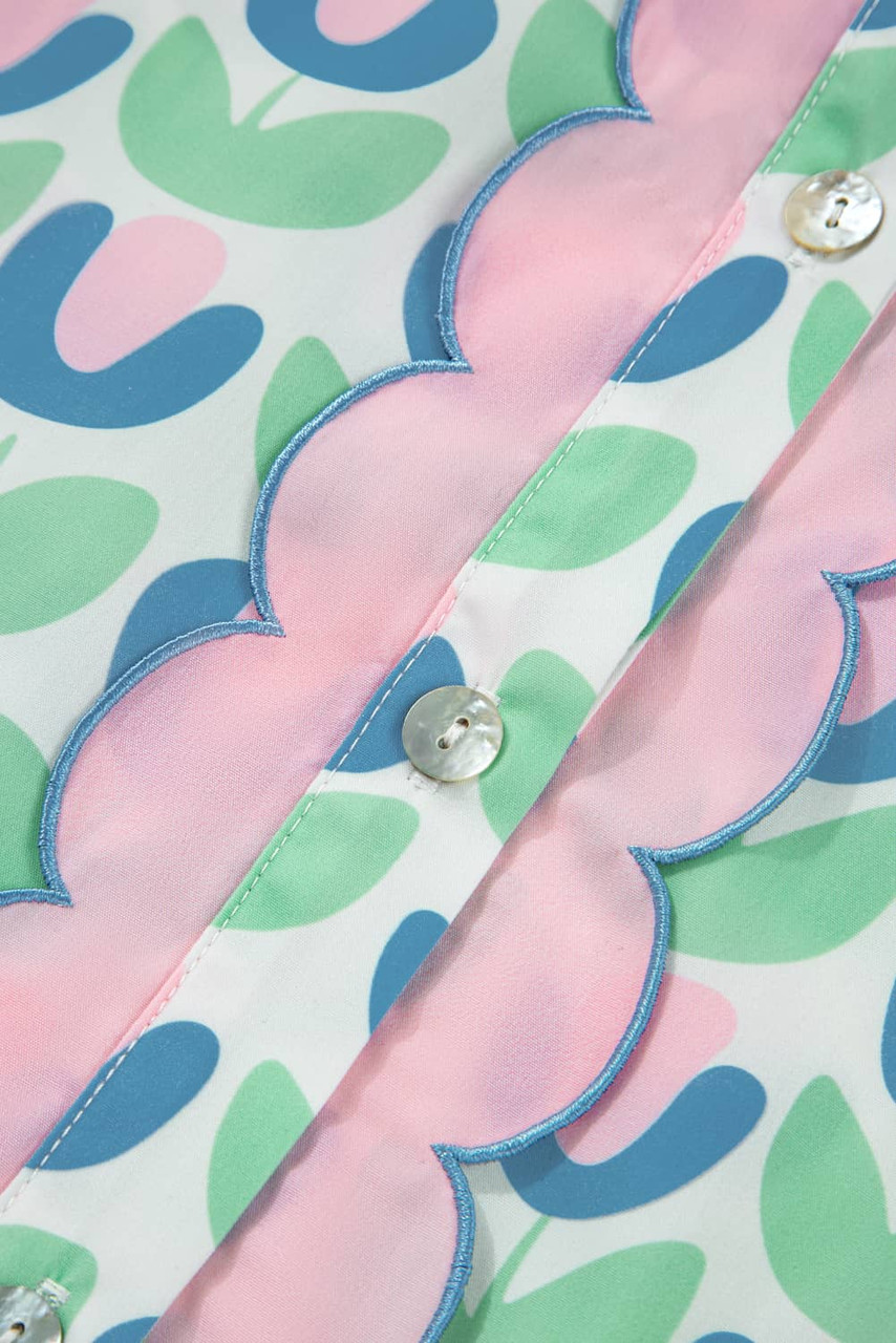 Green Floral Print Notched Neck Scalloped Detail Long Sleeve Mini Dress Green Floral Print Notched Neck Scalloped Detail Long Sleeve Mini Dress