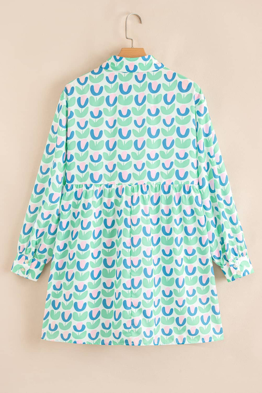 Green Floral Print Notched Neck Scalloped Detail Long Sleeve Mini Dress Green Floral Print Notched Neck Scalloped Detail Long Sleeve Mini Dress