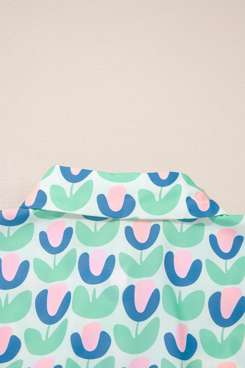 Green Floral Print Notched Neck Scalloped Detail Long Sleeve Mini Dress Green Floral Print Notched Neck Scalloped Detail Long Sleeve Mini Dress