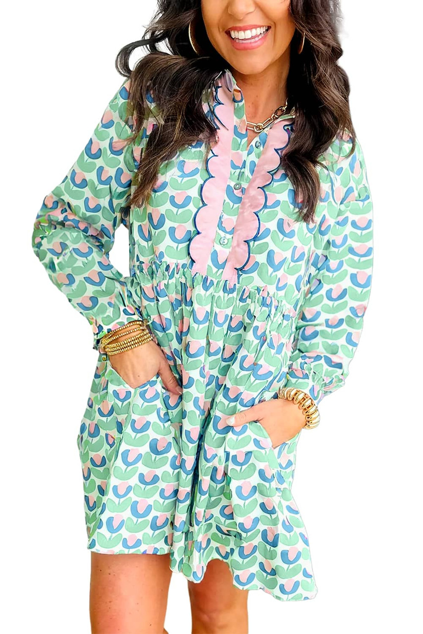 Green Floral Print Notched Neck Scalloped Detail Long Sleeve Mini Dress Green Floral Print Notched Neck Scalloped Detail Long Sleeve Mini Dress