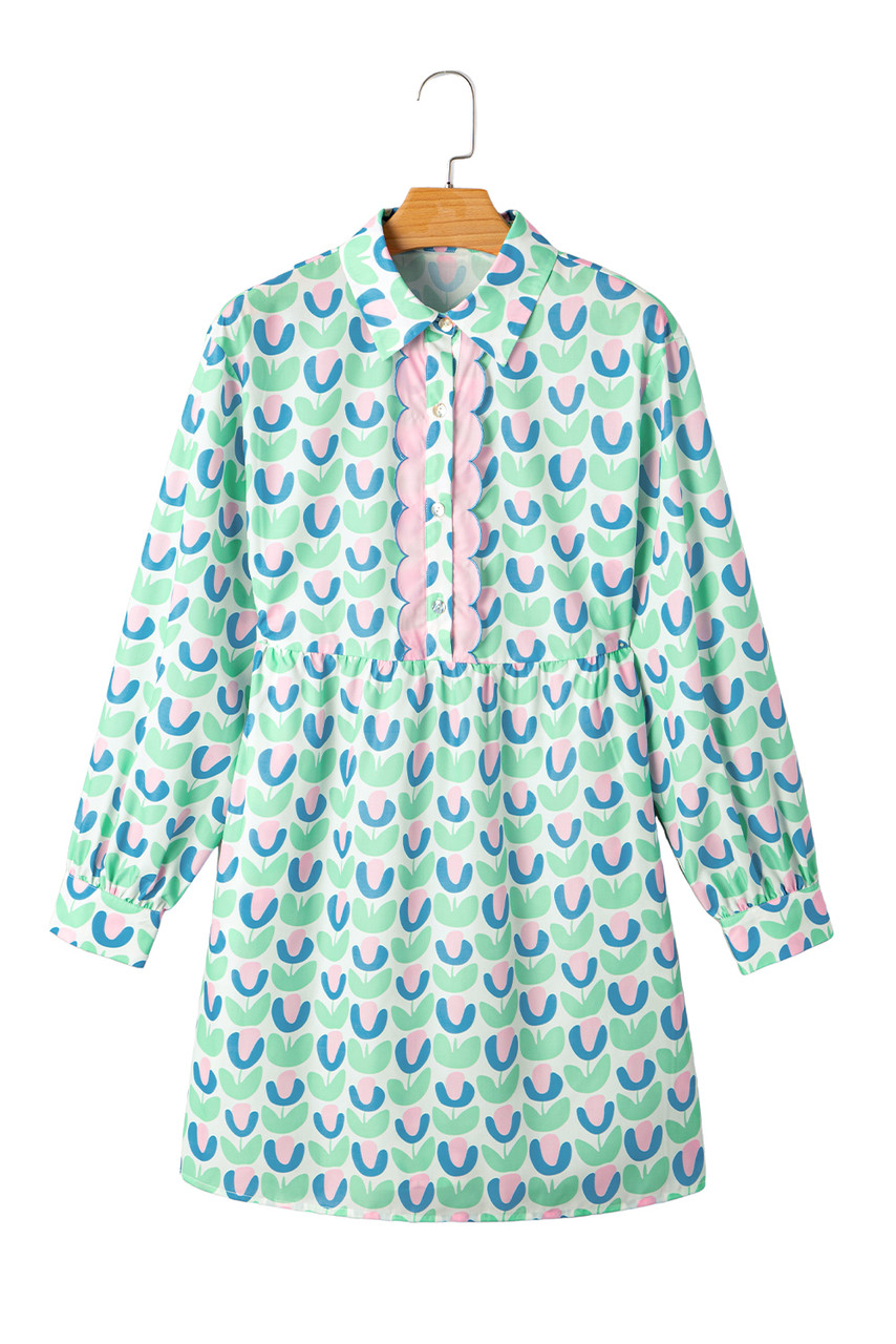 Green Floral Print Notched Neck Scalloped Detail Long Sleeve Mini Dress Green Floral Print Notched Neck Scalloped Detail Long Sleeve Mini Dress