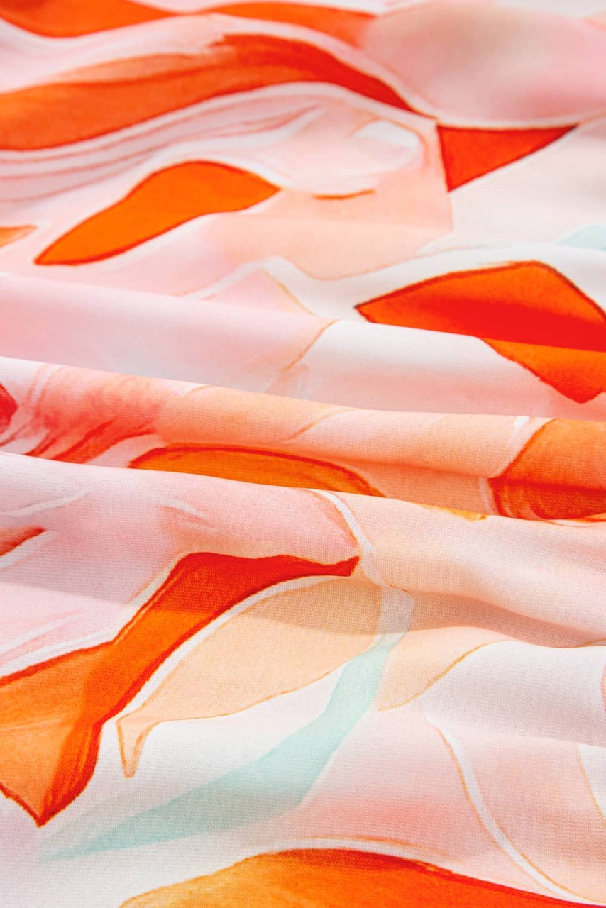 Orange Abstract Print Split Neck Long Sleeve Dress