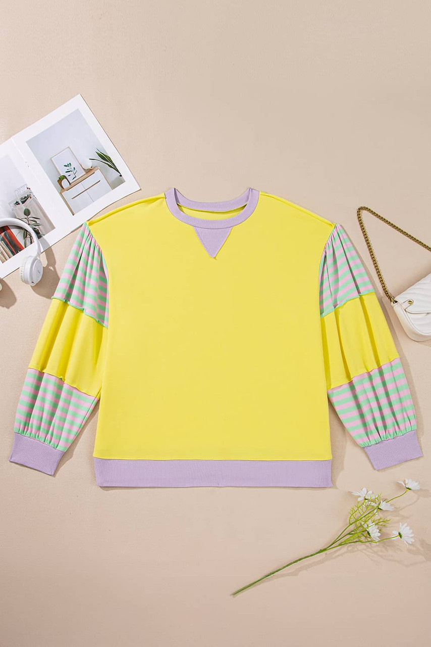Yellow Striped Color Block Patchwork Crewneck Plus Size Pullover Sweatshirt