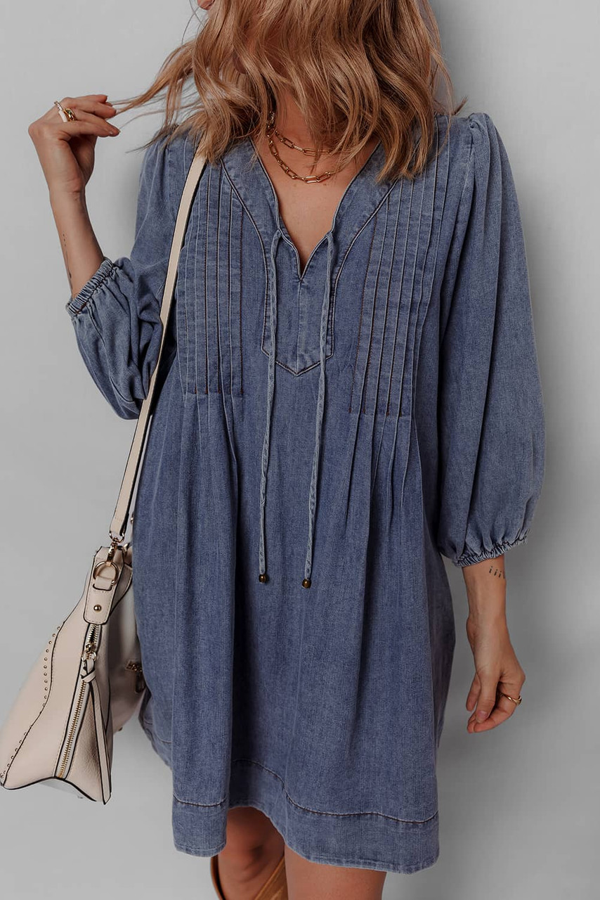 Sail Blue 3/4 Sleeve Tied V Neck Pleated Denim Mini Dress