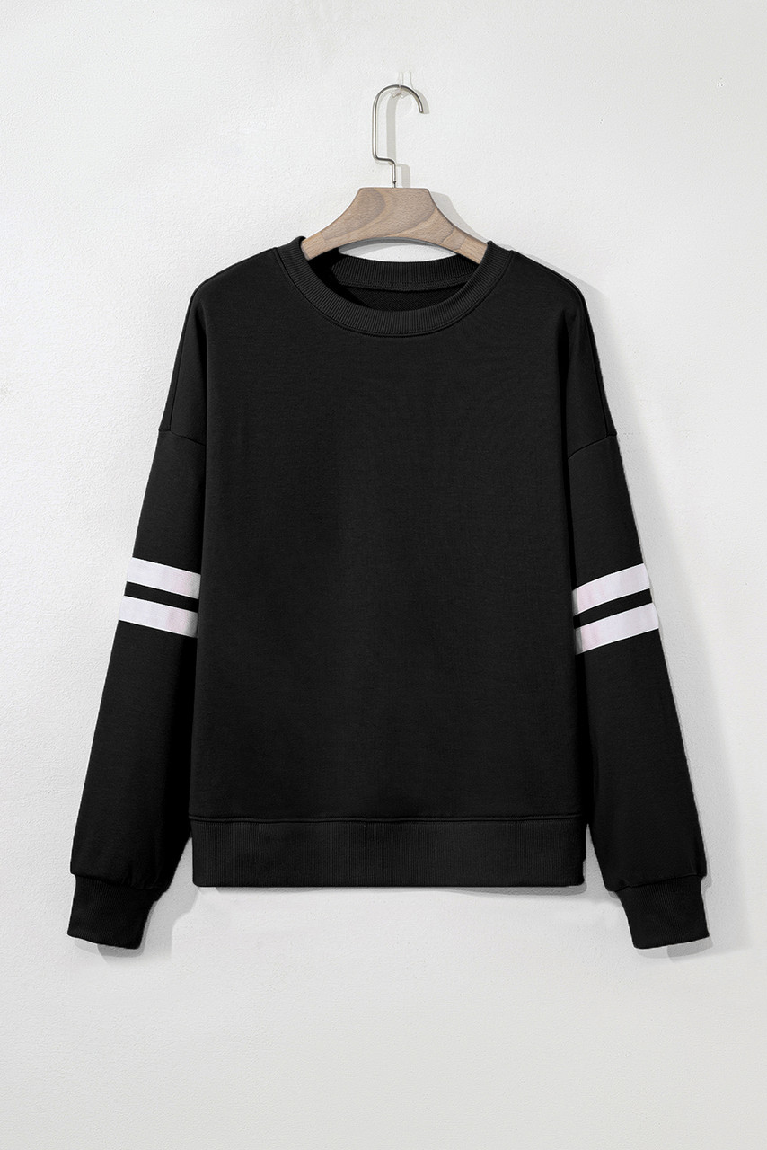 Black Varsity Striped Detail Drop Shoulder Oversized Sweatshirt