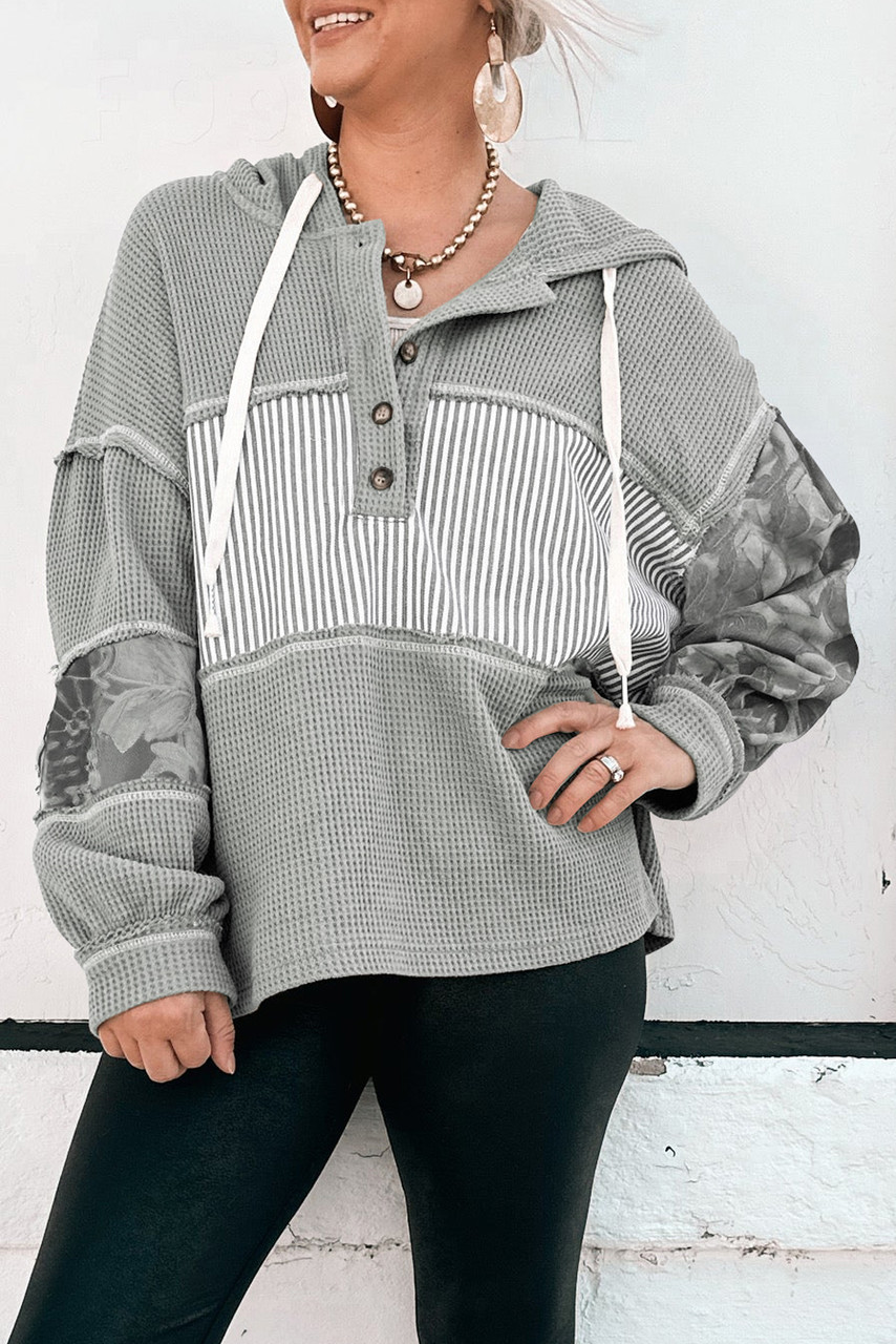Gray Waffle Printed Patchwork Drawstring Hooded Long Sleeve Top
