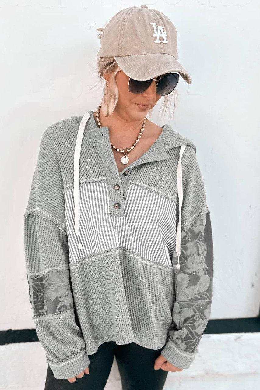 Gray Waffle Printed Patchwork Drawstring Hooded Long Sleeve Top
