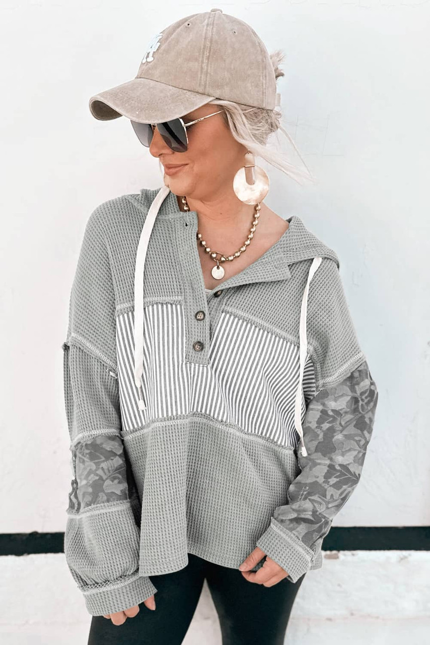 Gray Waffle Printed Patchwork Drawstring Hooded Long Sleeve Top