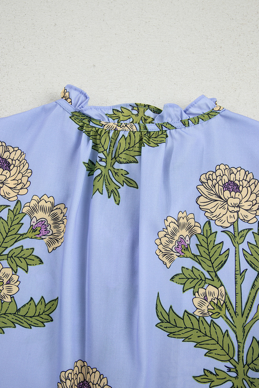 Sky Blue Floral Print Button Tie Neck Long Puff Sleeve Blouse