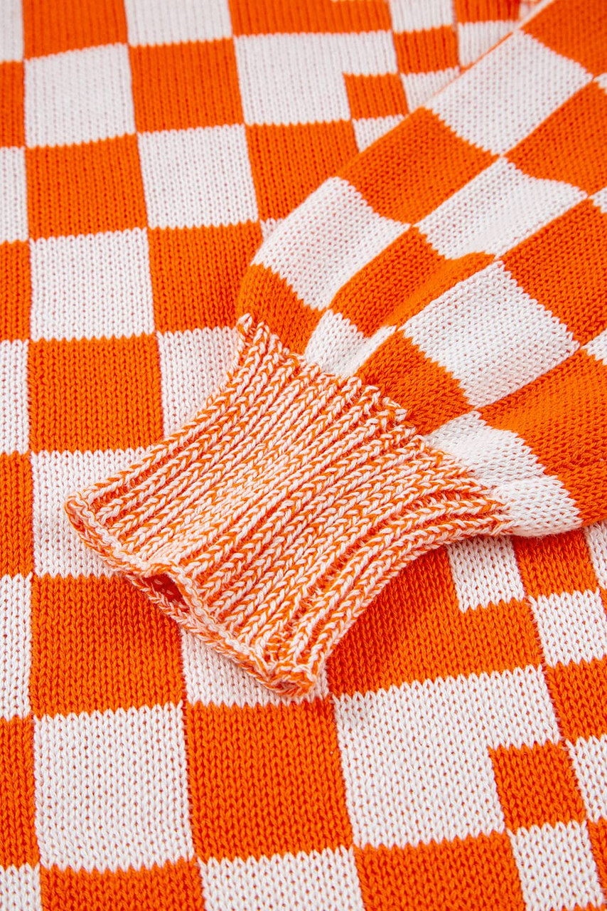 Orange Checkered Open Front Drop Shoulder Cardigan