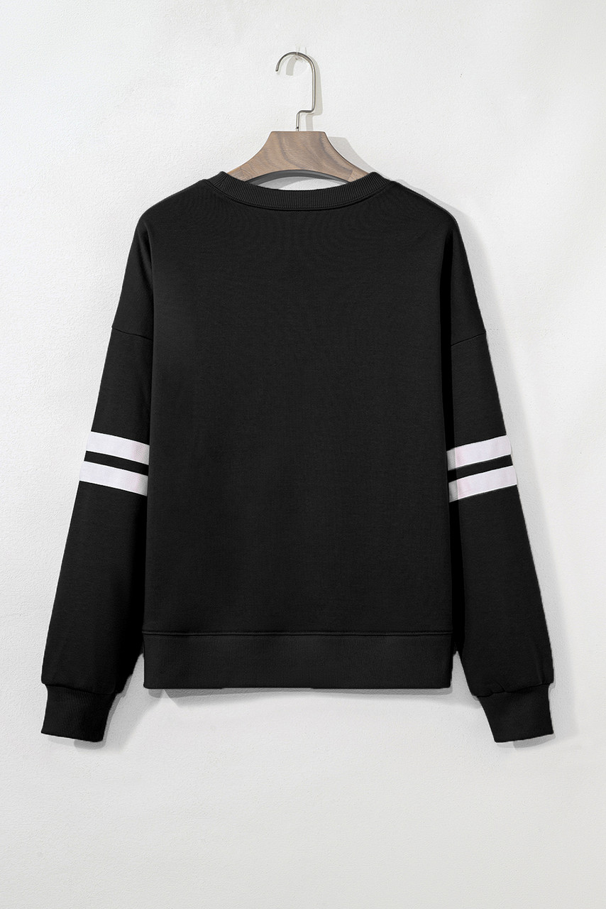 Black Halloween Pumpkin Face Sequin Patched Oversize Varsity Sweatshirt