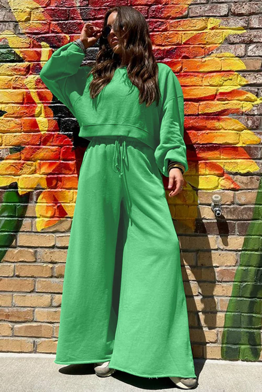 Bright Green Drop Shoulder Puff Sleeve Crop Pullover Drawstring Wide Leg Pants Set Bright Green Drop Shoulder Puff Sleeve Crop Pullover Drawstring Wide Leg Pants Set