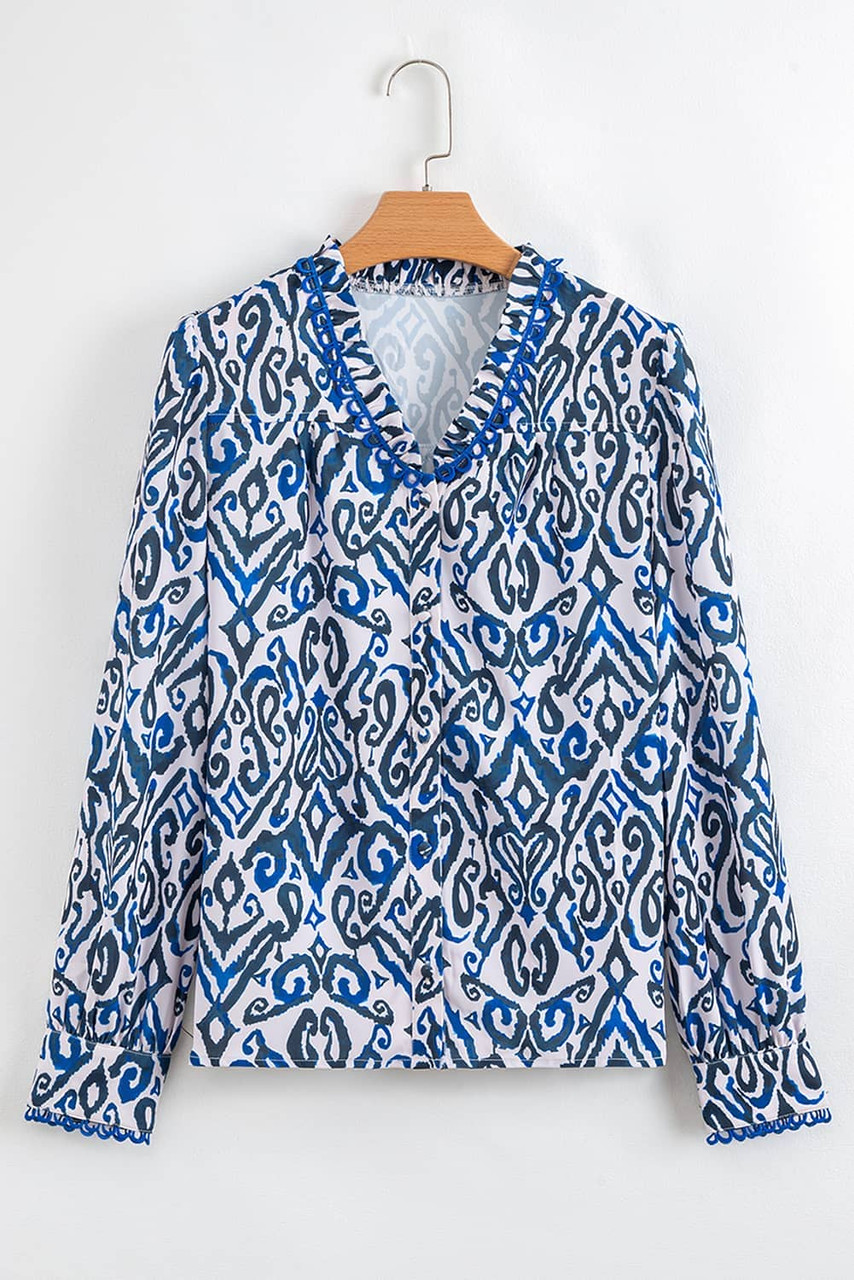 Blue Bohemian Print Embroidered V Neckline Detail Long Sleeve Shirt