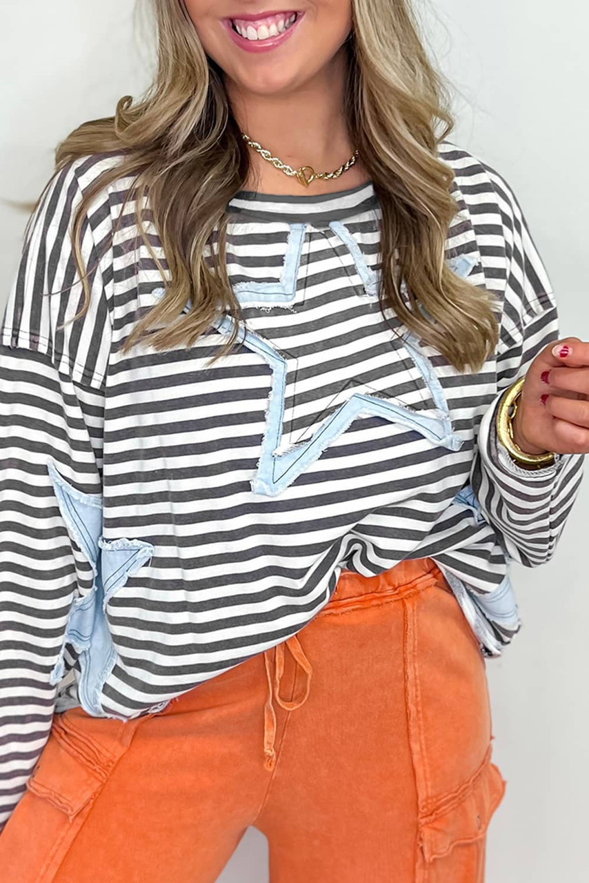 Gray Stripe Starry Patch Drop Shoulder Raw Edge Casual Knit Top