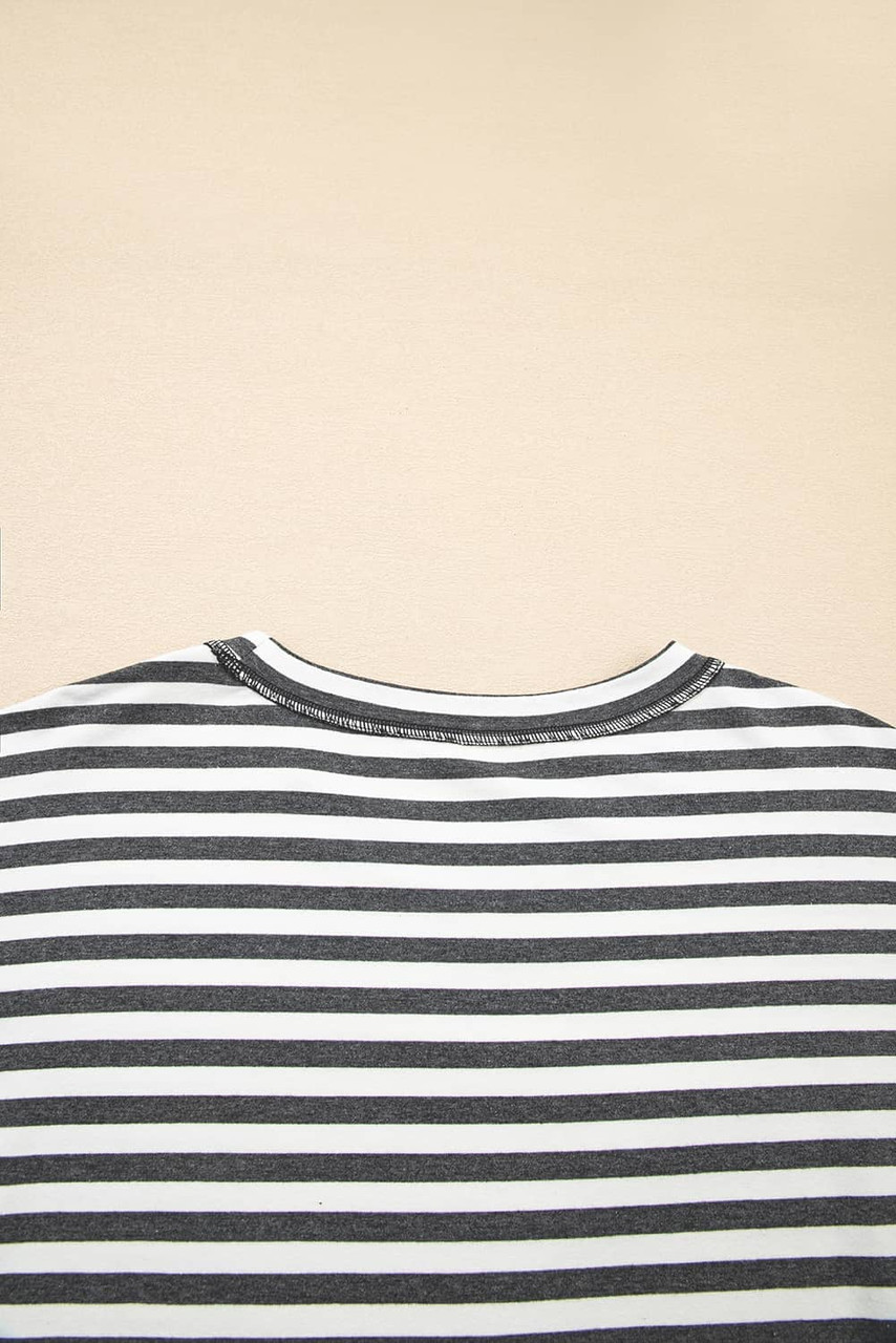 Gray Stripe Starry Patch Drop Shoulder Raw Edge Casual Knit Top