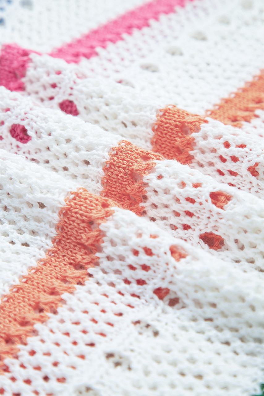 White Color Block Striped Pointelle Knit Sweater