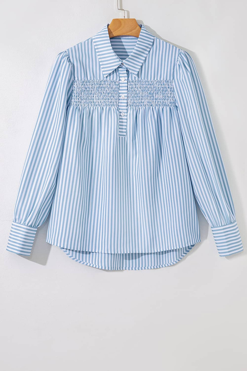 Sky Blue Stripe Shirred Detail Half Placket Collared Long Sleeve Fall Shirt