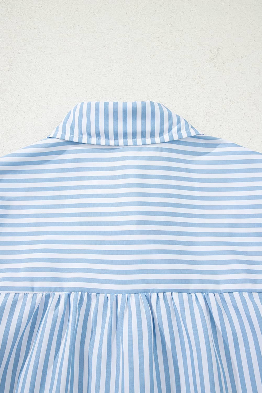 Sky Blue Stripe Shirred Detail Half Placket Collared Long Sleeve Fall Shirt