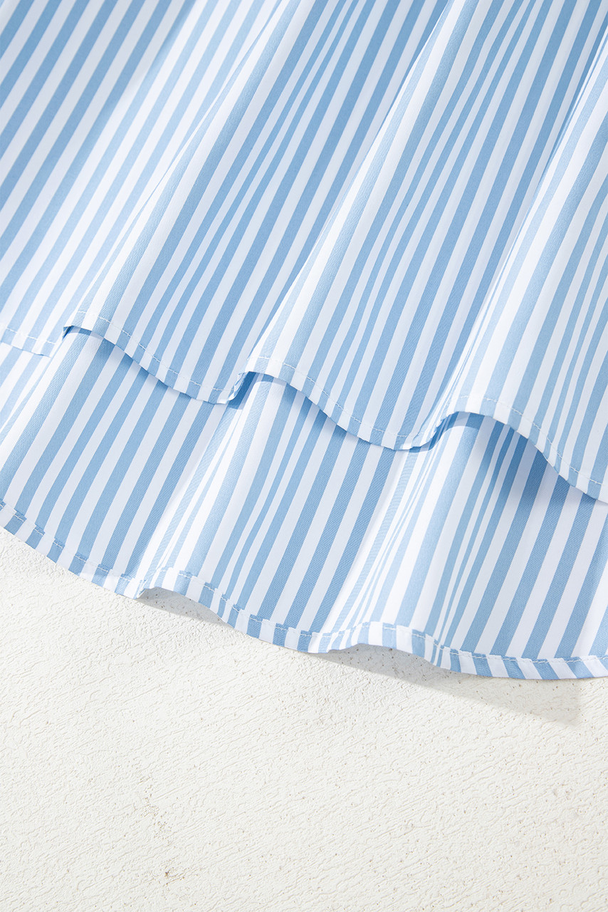 Sky Blue Stripe Shirred Detail Half Placket Collared Long Sleeve Fall Shirt