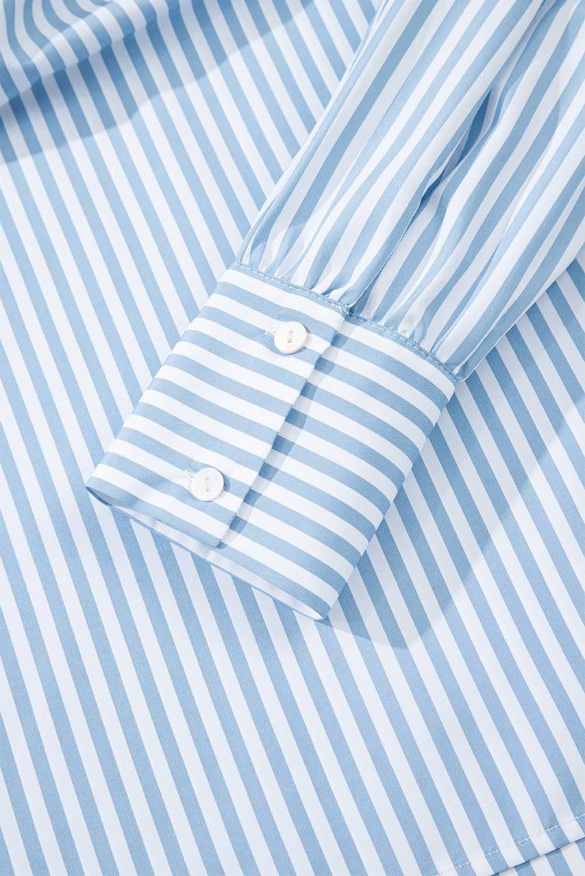 Sky Blue Stripe Shirred Detail Half Placket Collared Long Sleeve Fall Shirt