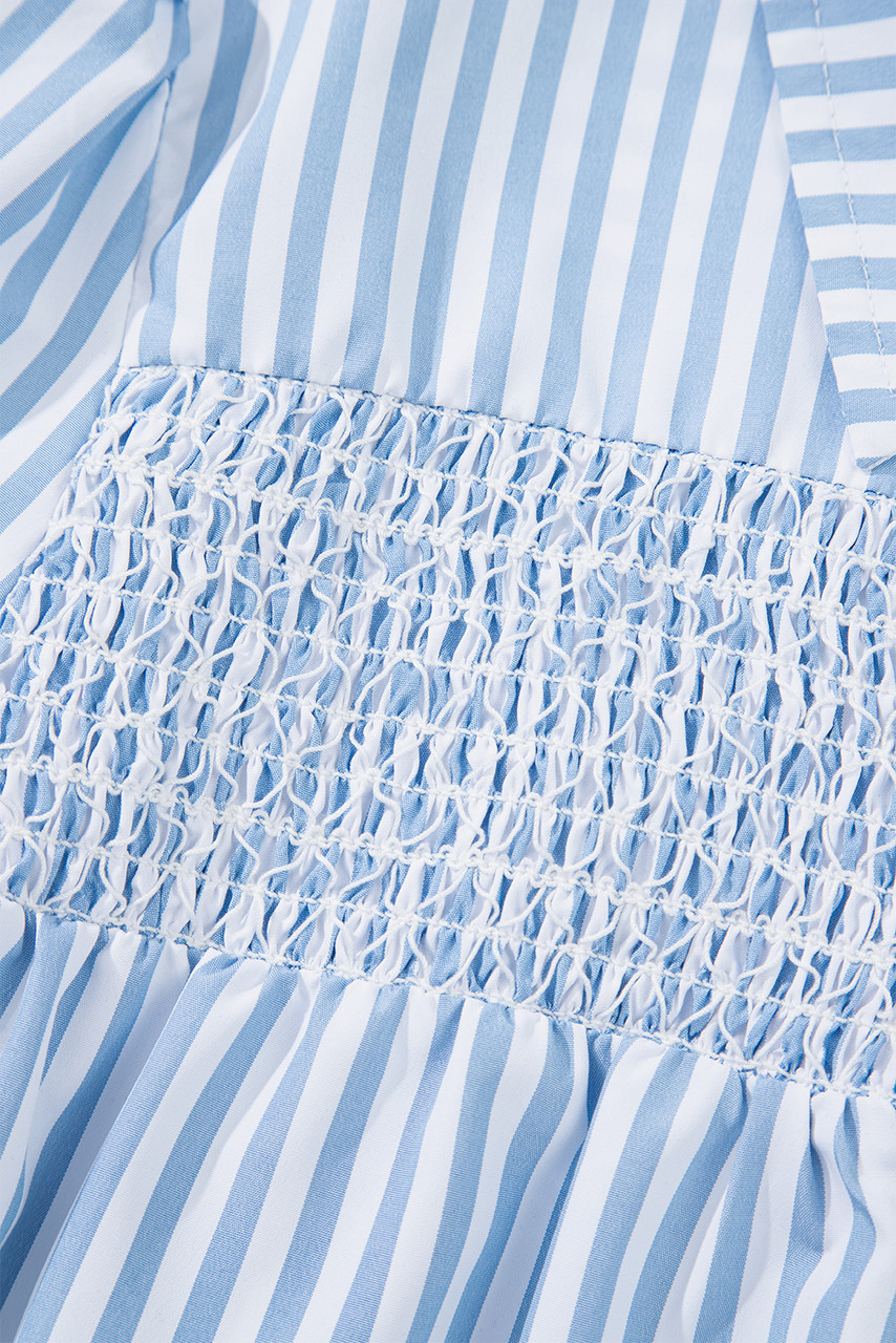 Sky Blue Stripe Shirred Detail Half Placket Collared Long Sleeve Fall Shirt