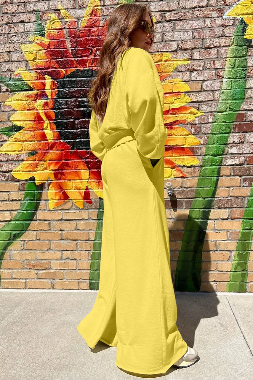 Yellow Cream Drop Shoulder Puff Sleeve Crop Pullover Drawstring Wide Leg Pants Set Yellow Cream Drop Shoulder Puff Sleeve Crop Pullover Drawstring Wide Leg Pants Set