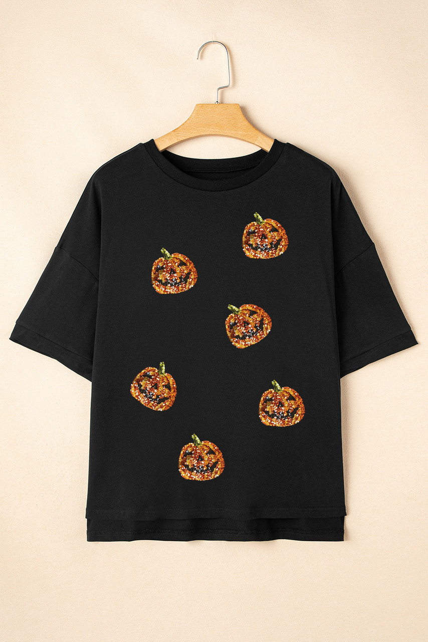 Black Sequin Jack-o-lantern Pattern Halloween Casual Tee