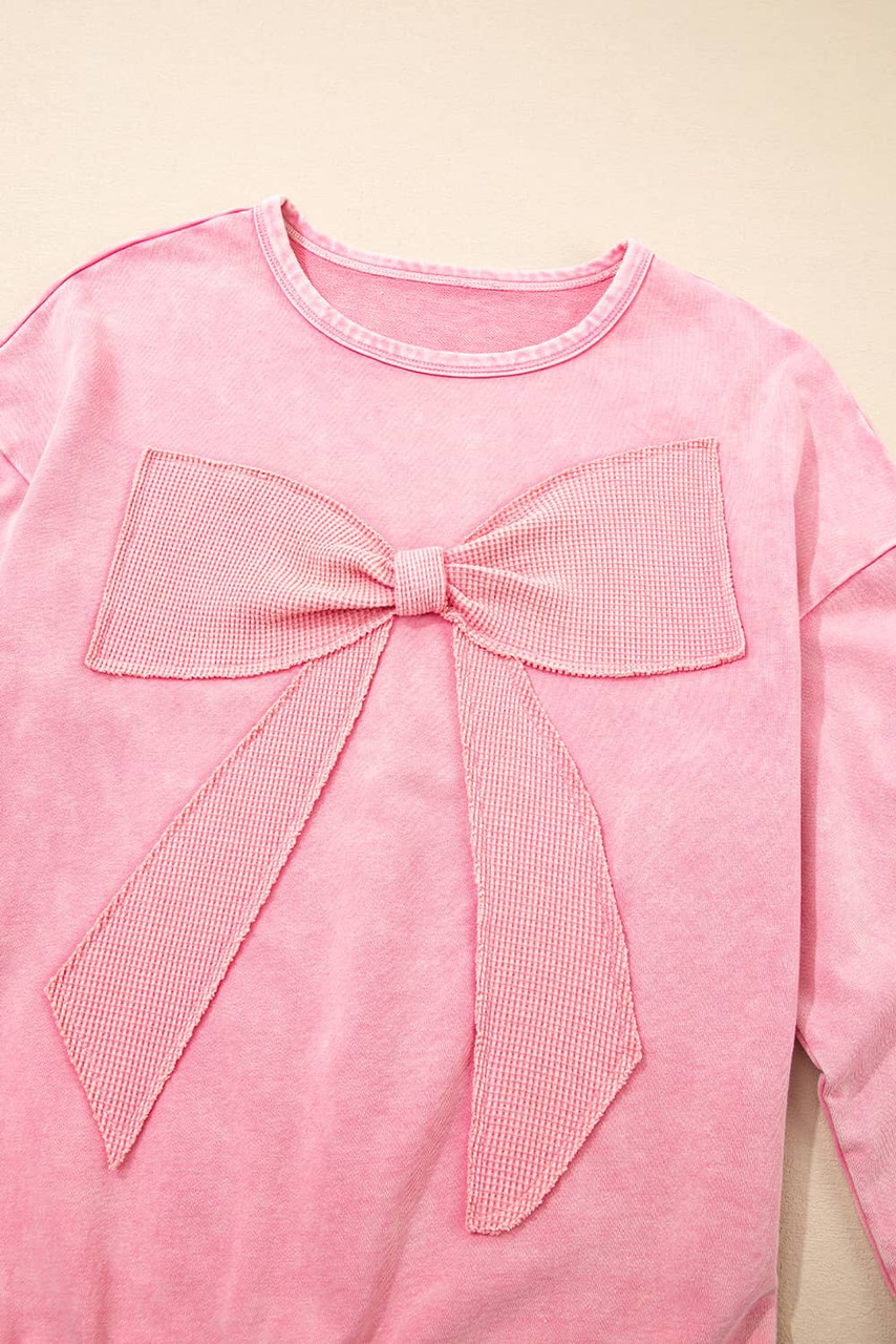 Bright Pink Mineral Wash Big Bow Patchwork Pullover Sweatshirt