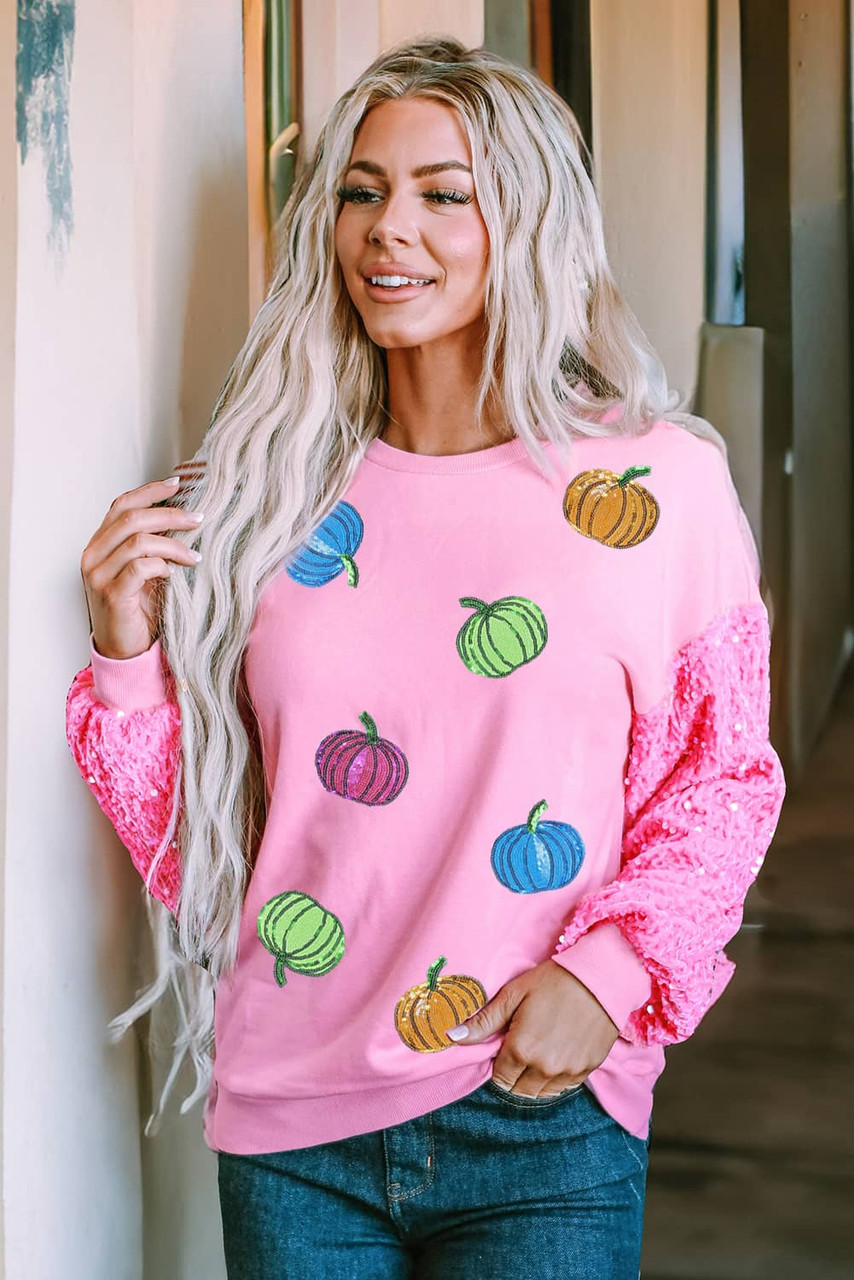 Pink Sequin Sleeve Pumpkin Pattern Thanksgiving Halloween Patchwork Pullover Top