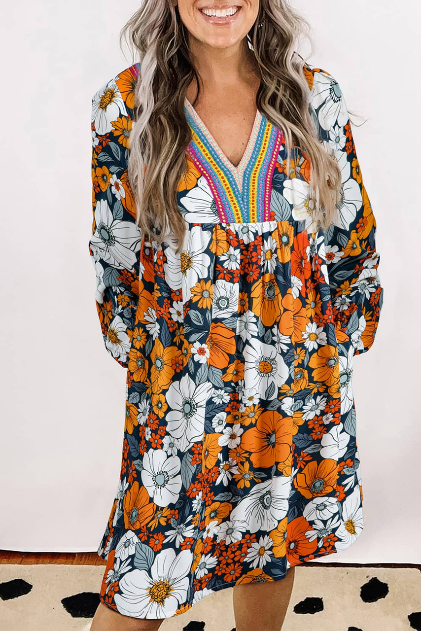 Orange Floral Print Striped Lace V Neck Long Sleeve Mini Dress